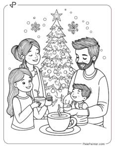 Kids And Parents Enjoying Hot Coca Next To A Chirstmas Tree