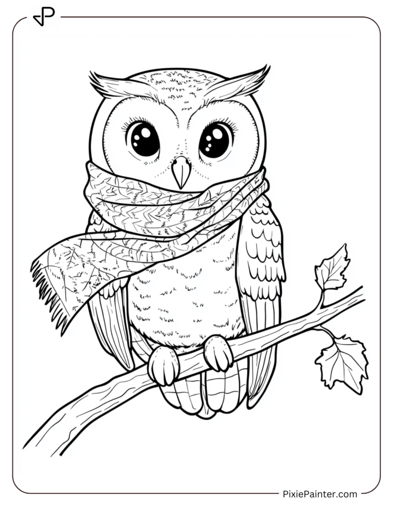 Cute Owl Wearing A Scarf, Perched On A Single Branch.