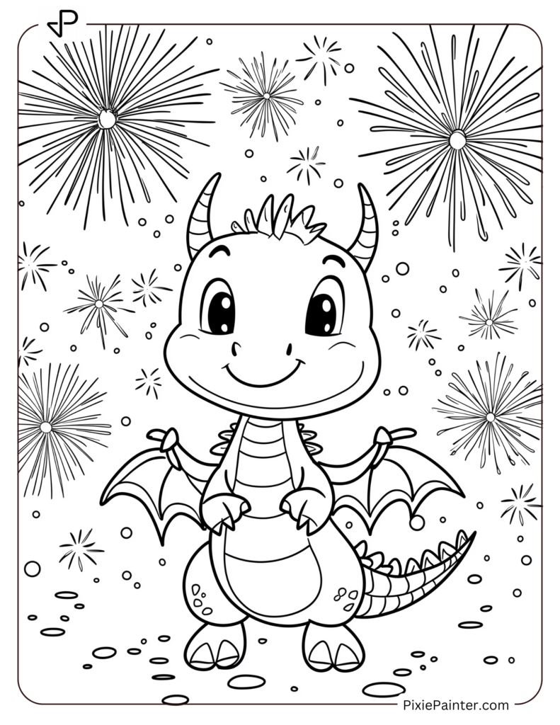 Baby Chinese New Year Dragon Surrounded by Fireworks