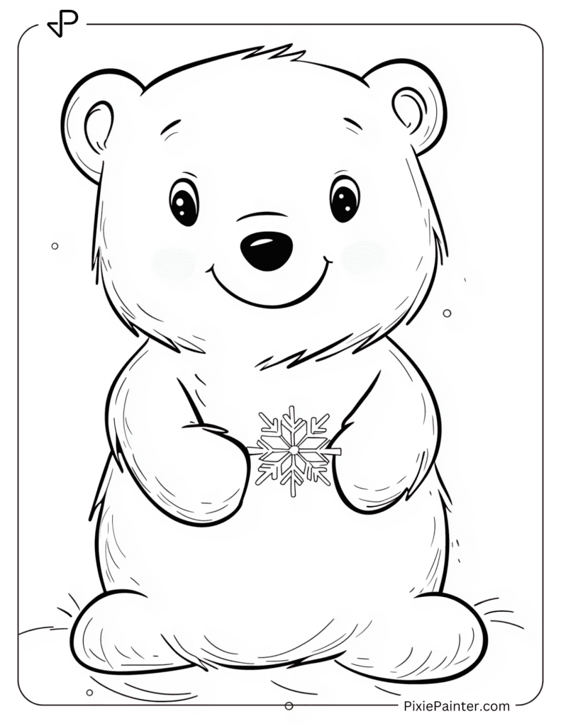 Winter Coloring Pages Where Cheerful Polar Bear Cub Holding a Snowflake