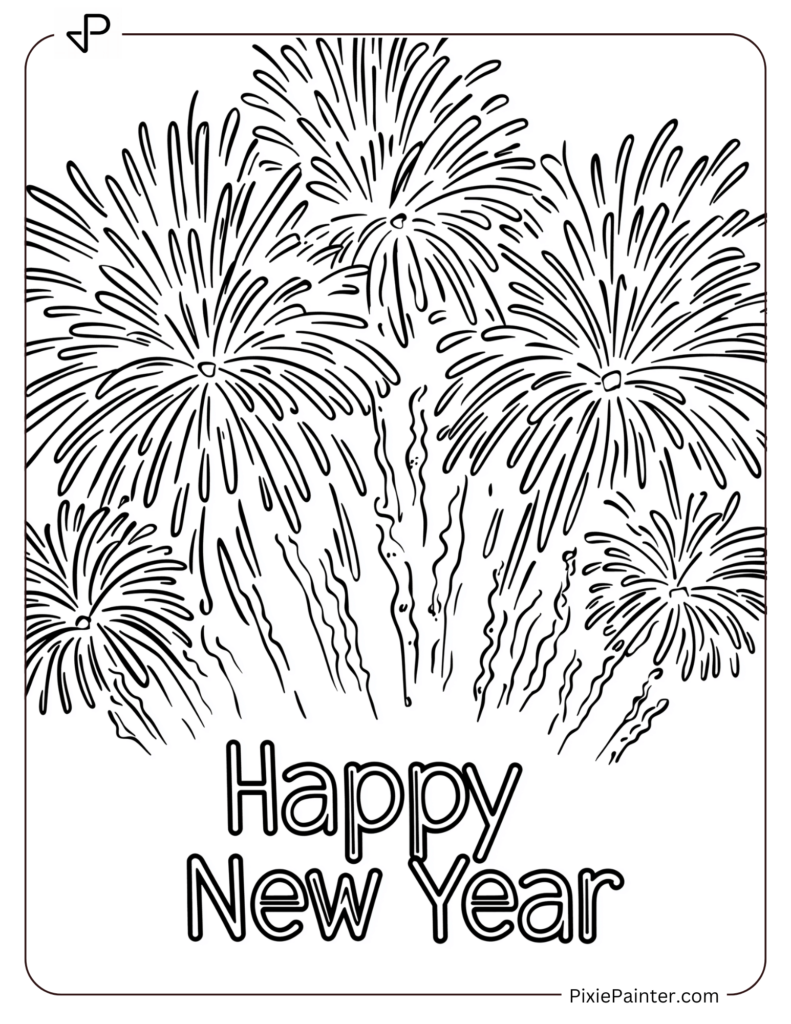 Cute New Year Coloring Pages With Fireworks And Happy New Year Text