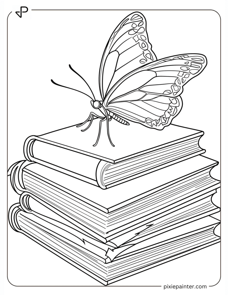 A Butterfly Gliding Over a Stack of Books