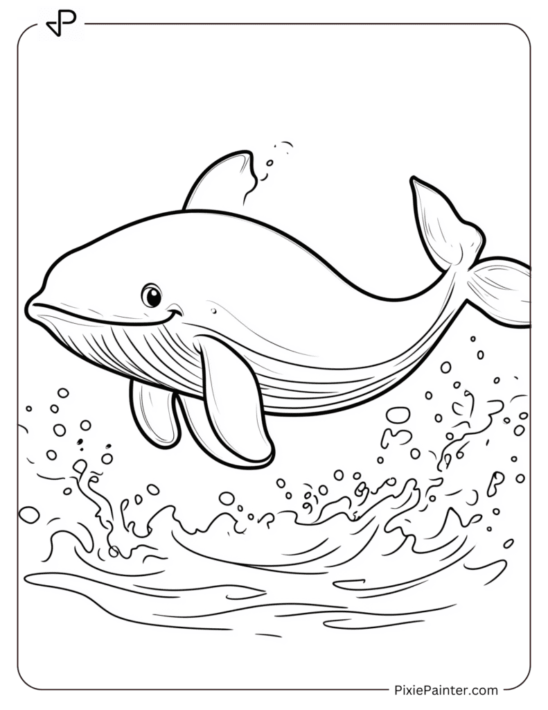 Coloring Page of A Playful Whale Jumping Out Of The Water With Splashes Around It