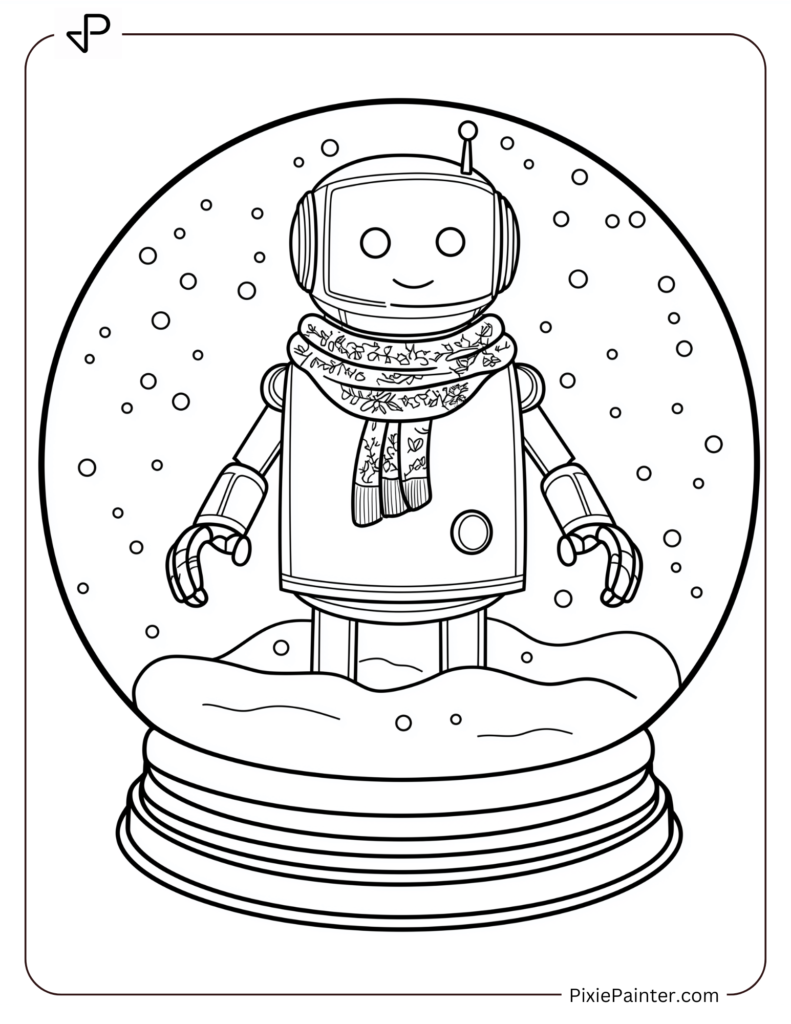 Coloring Page Where A Toy Robot Wearing A Scarf Inside A Snow Globe With Falling Snow