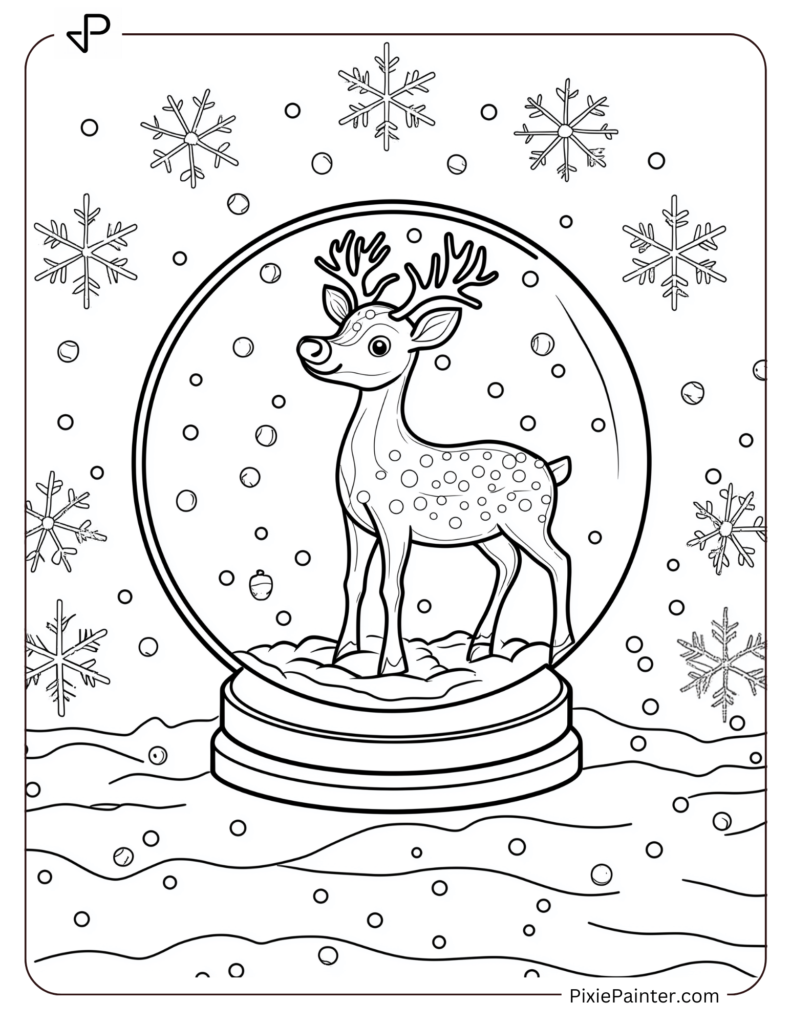 A reindeer inside a snow globe surrounded by snowflakes