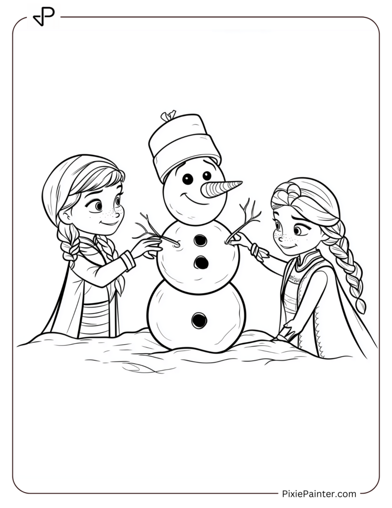 January Coloring Page Where Anna And Elsa Building A Snowman In A Snowy Wonderland