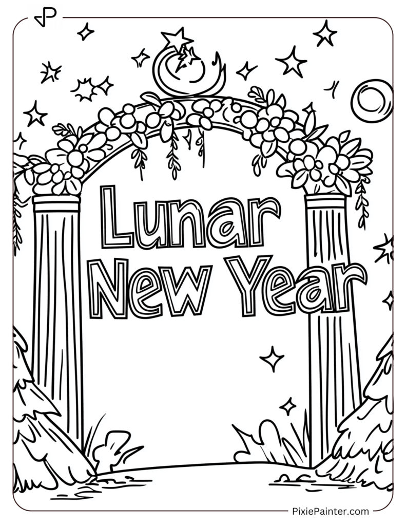 Coloring Page of Festive Archway With Lunar New Year in Bold