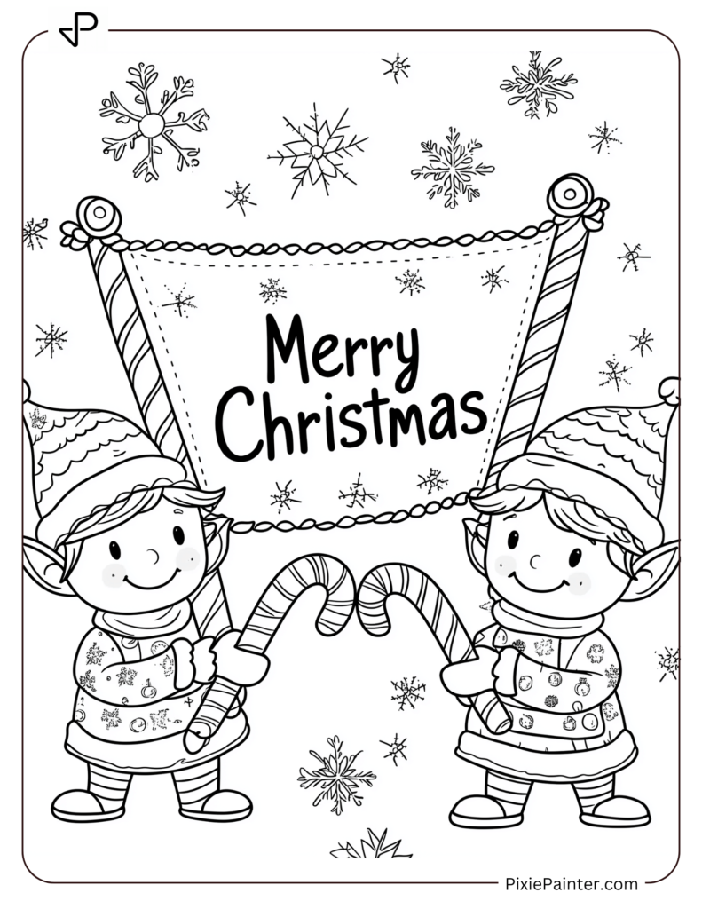 1. Happy Elfs With Candy Cane Christmas Coloring Pages