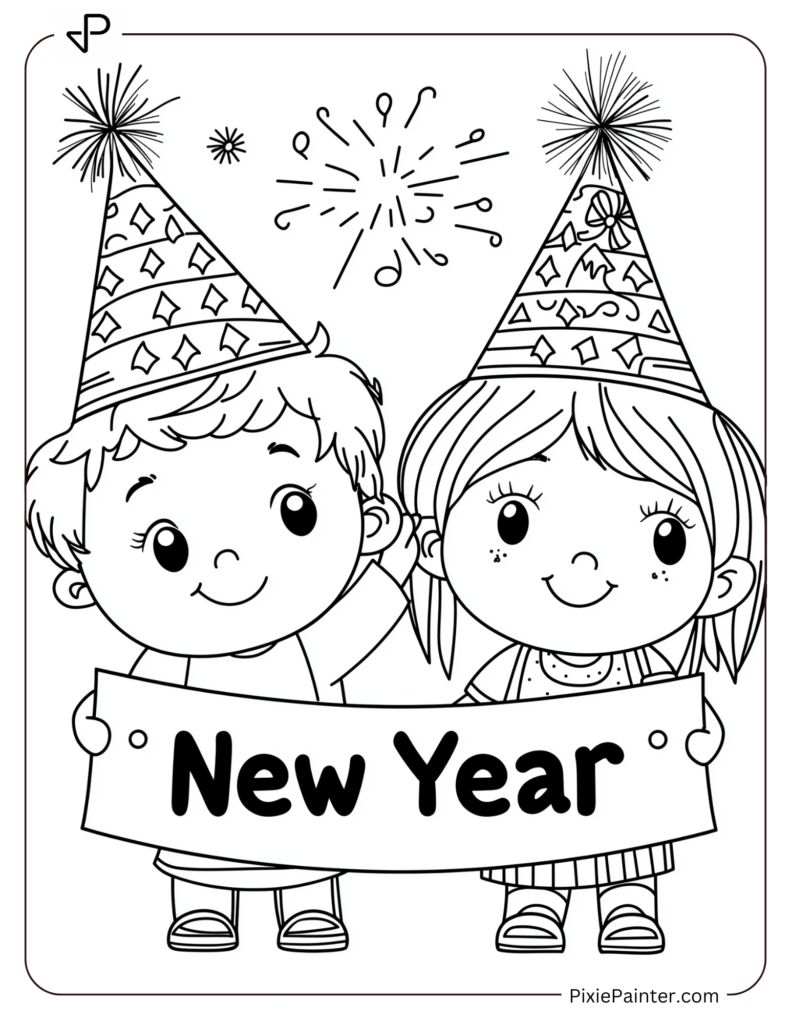 New Year's Eve Coloring Pages of Kids in party hats holding a New Year banner