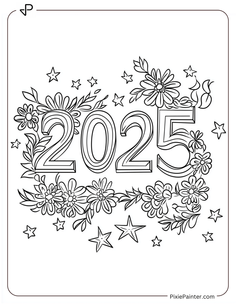 Chinese New Year Coloring Page Where The Number "2025" Decorated With Beautiful Flowers And Shining Stars