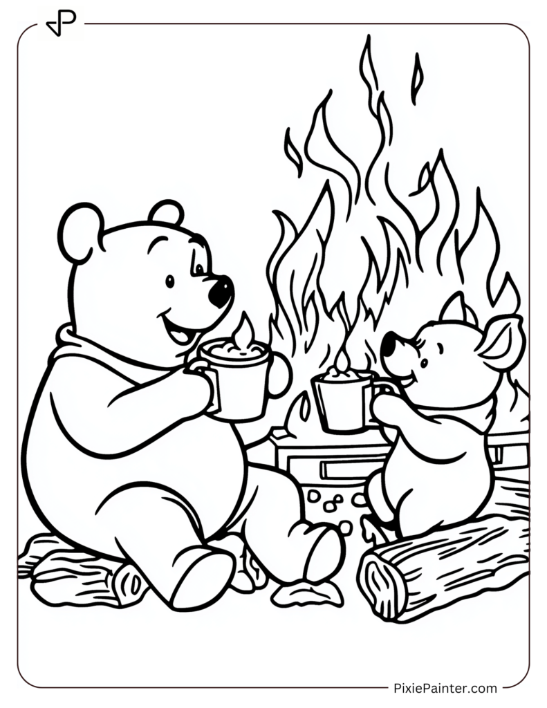 Winter Disney Coloring Page of Winnie the Pooh and Piglet Sipping Hot Cocoa by the Fire