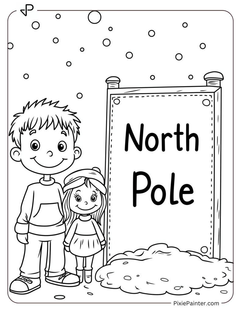 Boy and Girl with North Pole Sign