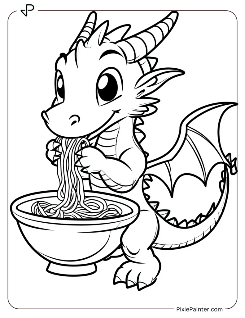 Cartoon Dragon Eating Noodles from a Bowl