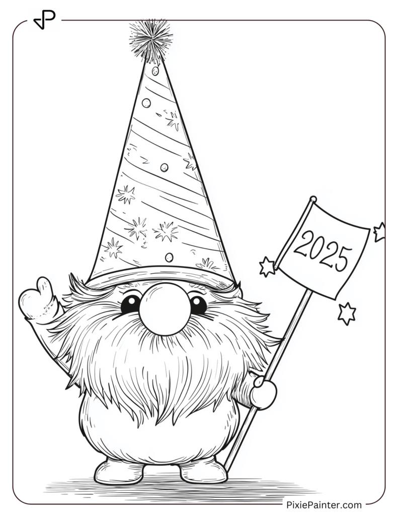 Cute New Year Coloring Pages With A Gnome Wearing A Party Hat