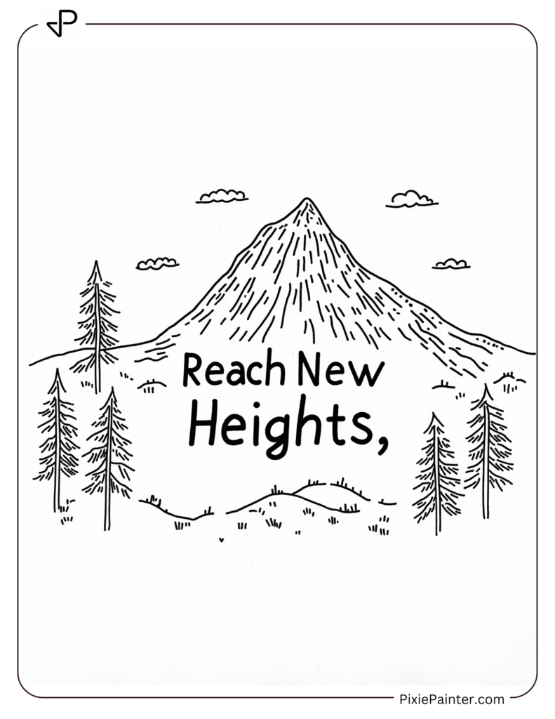 New Year Coloring Pages For Kids Where A Mountain Labeled "Reach New Heights"