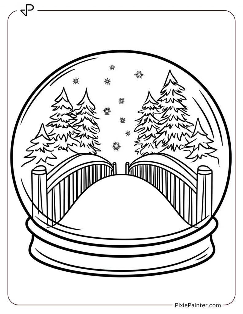 A Snowy Bridge Leading To A Magical Forest, All Enclosed In A Snow Globe