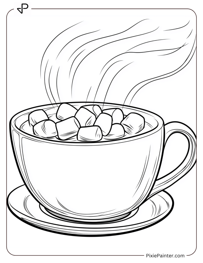 January Coloring Page Where A Steaming Cup Of Hot Cocoa With Marshmallows Melting On Top