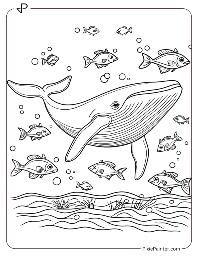 Coloring Page of A Whale With Small Fish Surrounding It In A Simple Ocean Scene