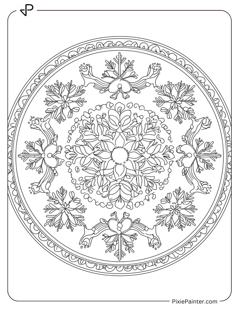 A winter mandala featuring snowflakes and reindeer in a circular design