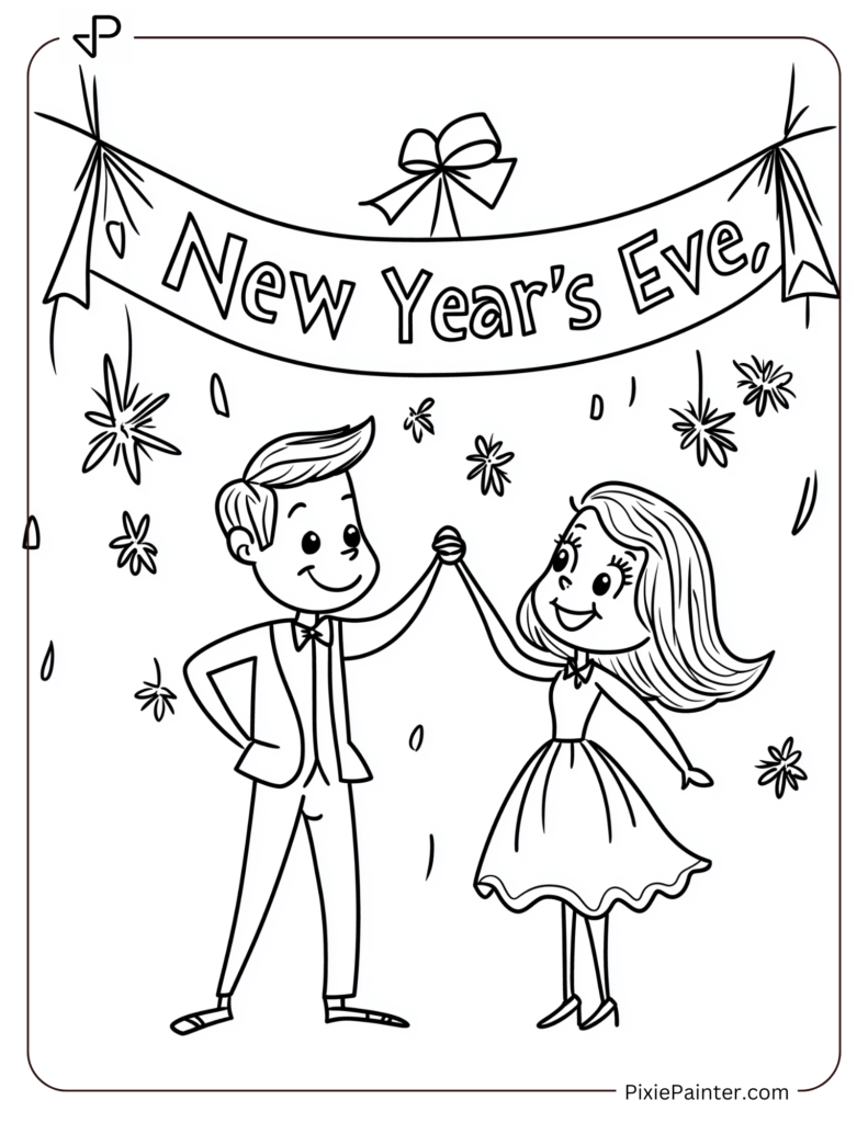 New Year's Eve Coloring Pages of Couple dancing under a New Year's Eve banner