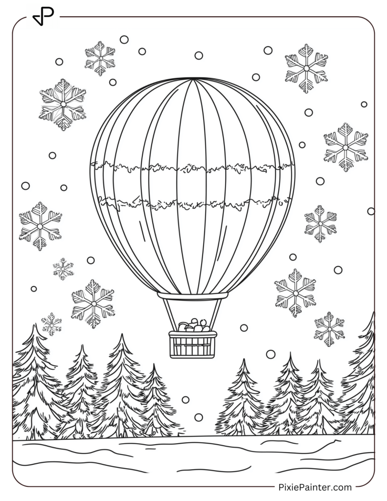 10. Cozy Hot Air Balloon Over Snowy Forest-Winter Wonderland coloring pages