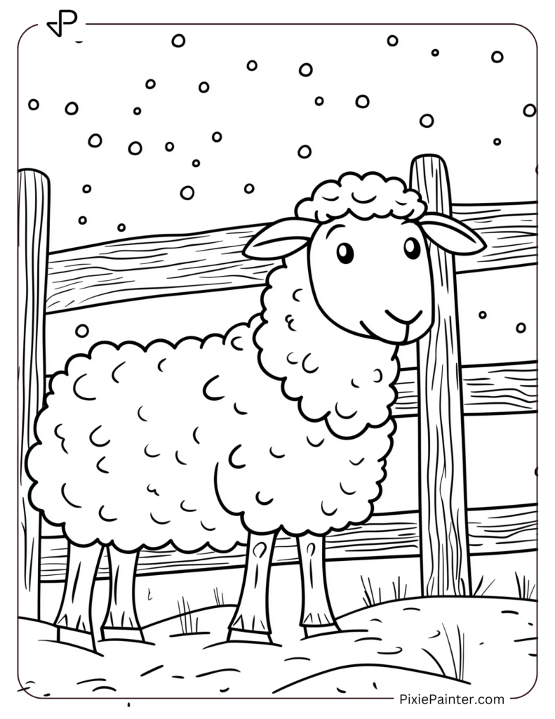 Calm Sheep by a Snowy Fence