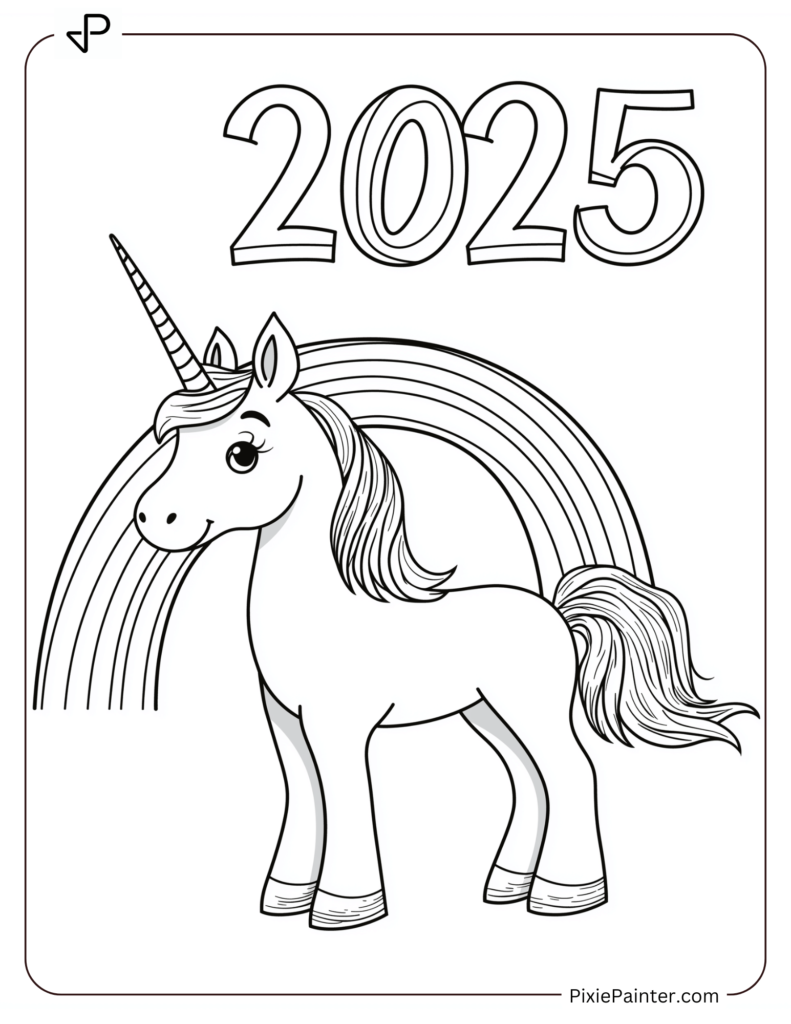 Cute New Year Coloring Pages With A Unicorn And 2025 Above A Rainbow