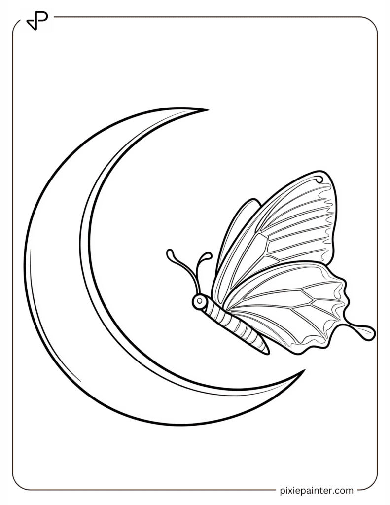 A Butterfly Flying Past a Crescent Moon