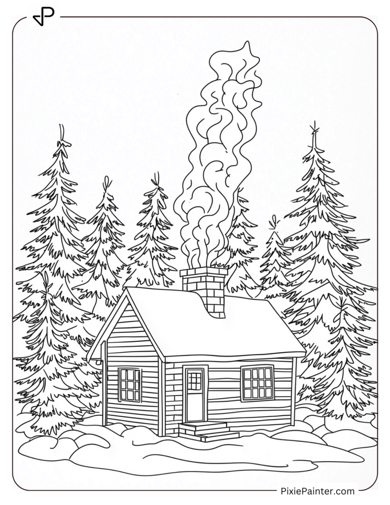 Winter Coloring Page for Adults of A cozy winter cabin with smoke rising from the chimney