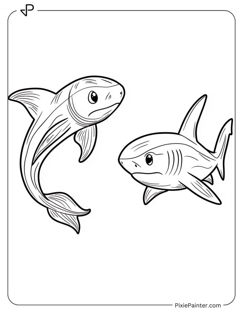 Coloring Page of A Curious Baby Eel and a Small Shark Swimming