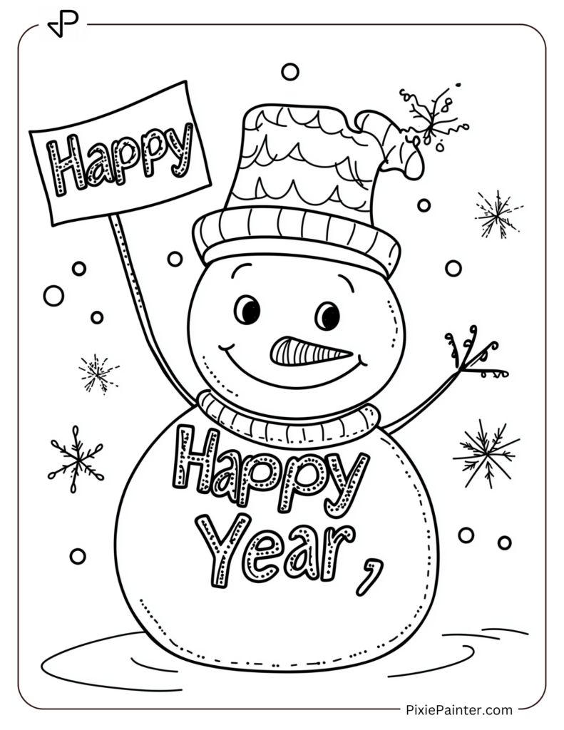 A Smiling Snowman Waving a Happy New Year Flag