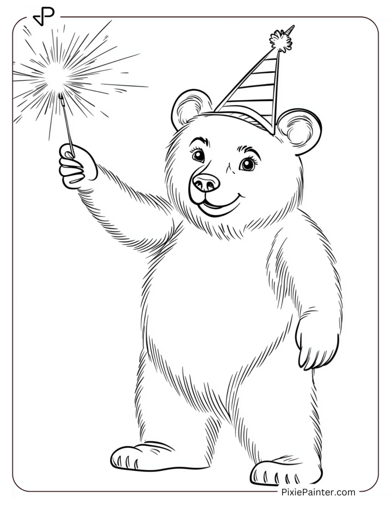 New Year's Eve Coloring Pages of Party-hat-wearing bear with a sparkler