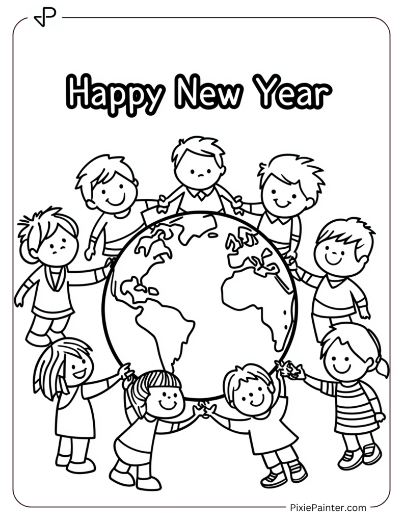 Cute New Year Coloring Pages With Happy Kids Holding Hands Around A Globe