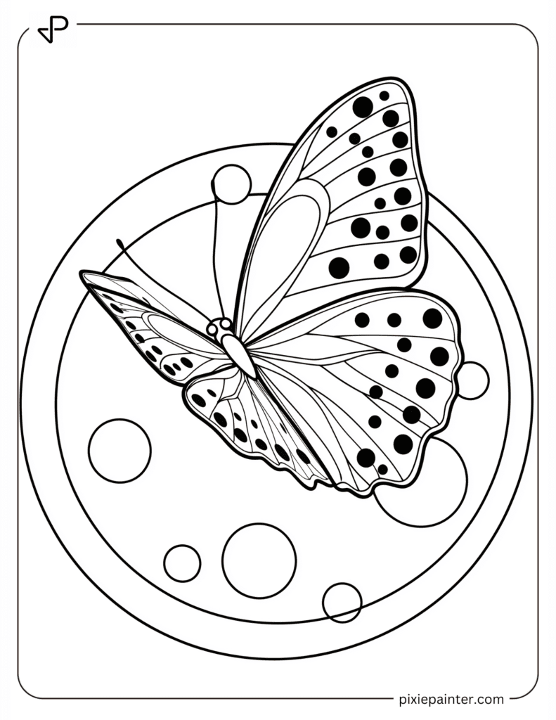 Coloring Page of A Butterfly with Polka-Dot Wings Flying in Circles