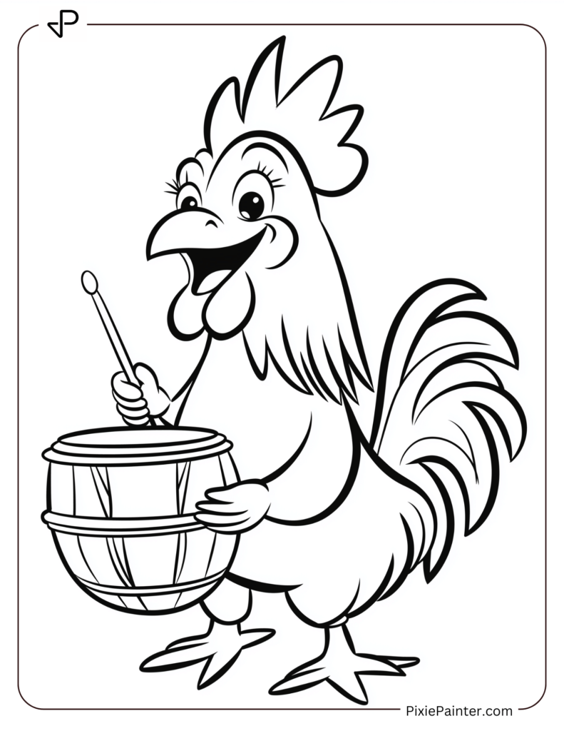 Chinese New Year Coloring Page Where A Happy Rooster Enthusiastically Playing A Drum