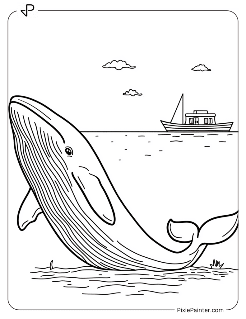 Coloring Page of A Playful Whale With A Small Boat Far Away In The Background