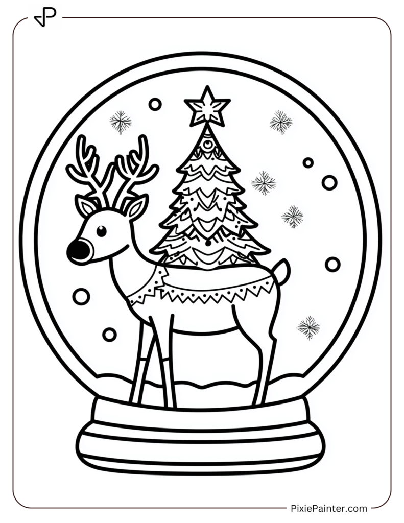 Coloring Page Where A Reindeer Standing Beside A Decorated Pine Tree Inside A Snow Globe