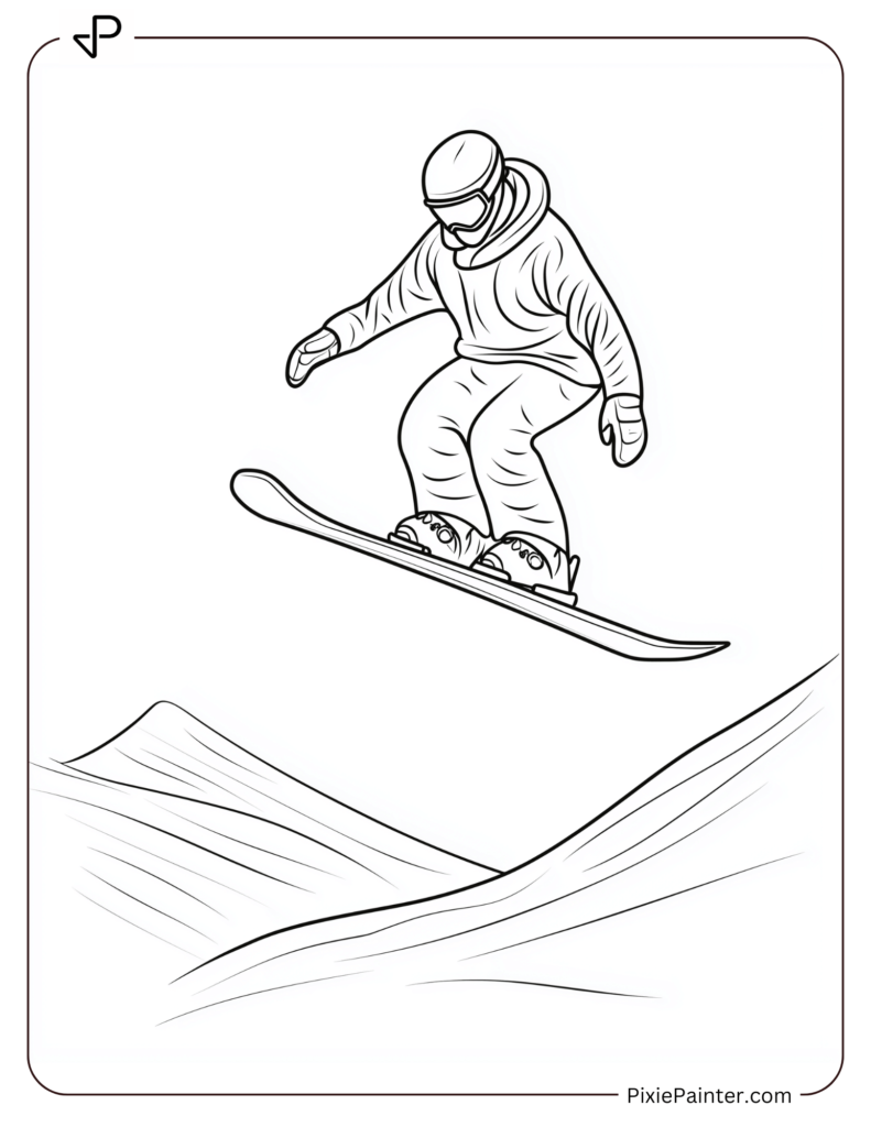 January Coloring Page Where A Snowboarder Soaring Mid-Air After A Daring Jump