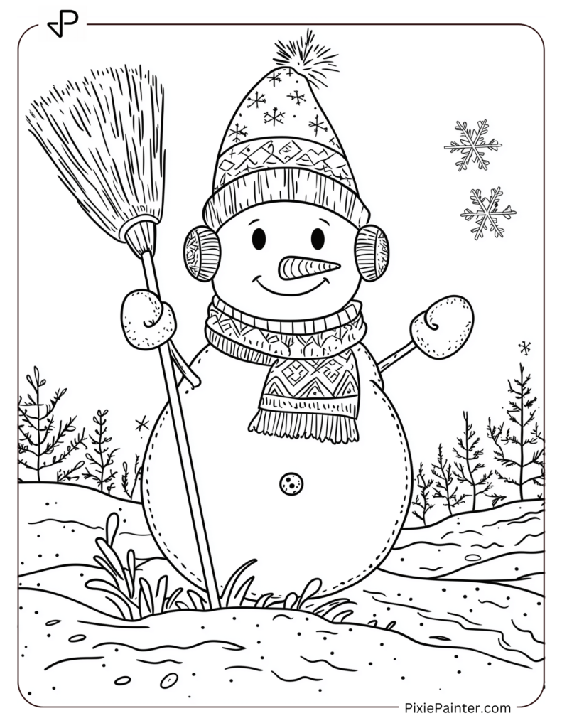 A playful snowman wearing earmuffs and a scarf, holding a broom