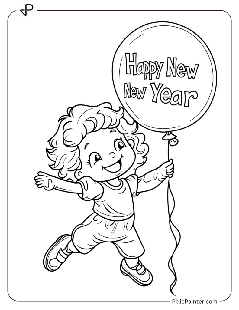 New Year's Eve Coloring Pages of Child jumping with joy holding a Happy New Year balloon