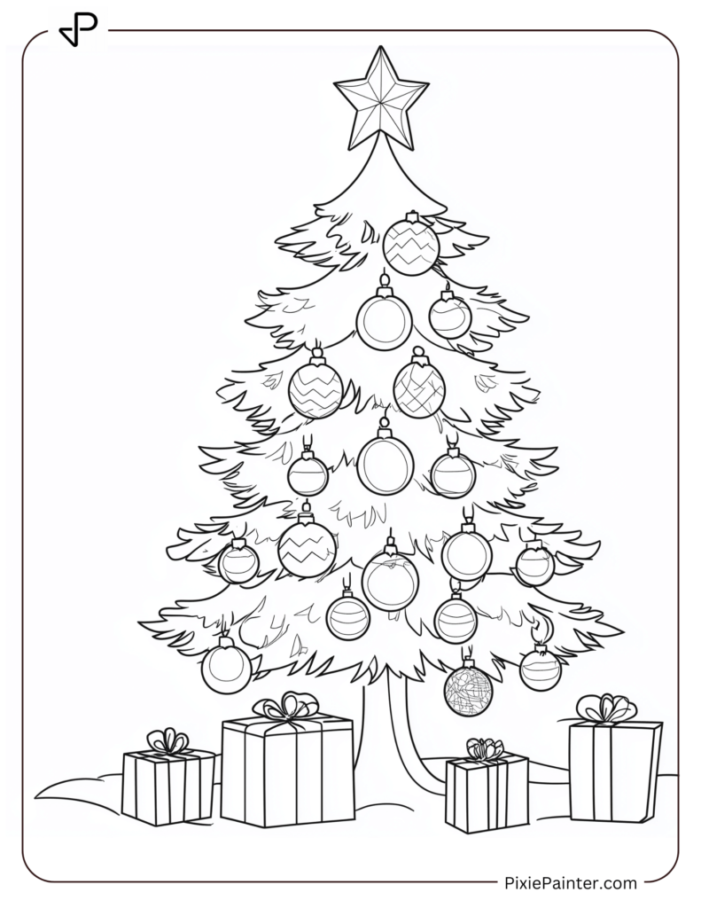 12. Elegant Tree With Stacked Gifts For Kids To Color