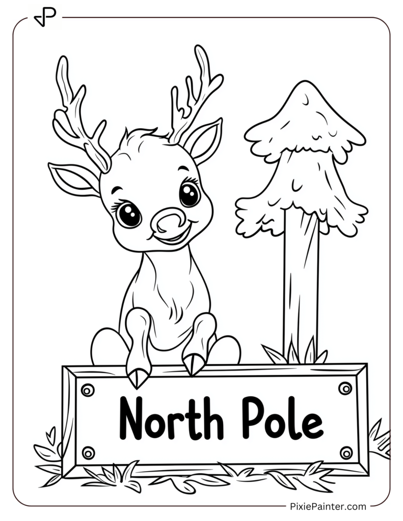 Baby Reindeer Beside North Pole Sign