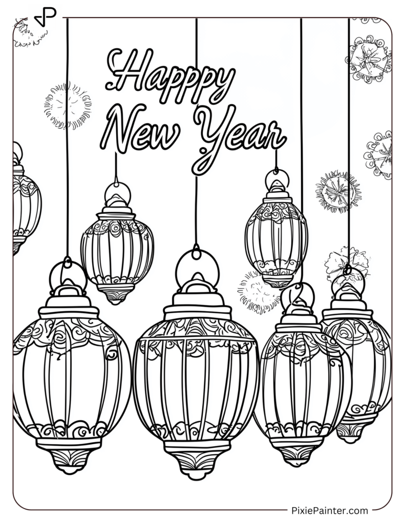 Cute New Year Coloring Pages Featuring Hanging Lanterns With Happy New Year