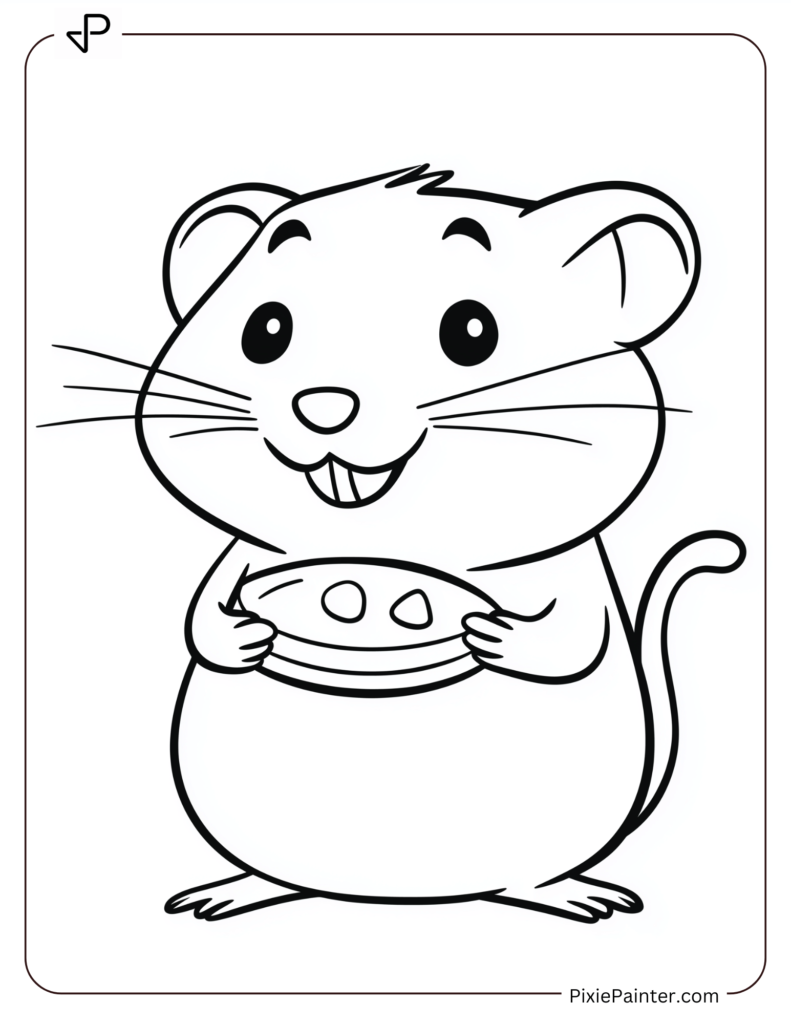 Chinese New Year Coloring Page Where A Playful Rat Holding A Small Piece Of Cheese