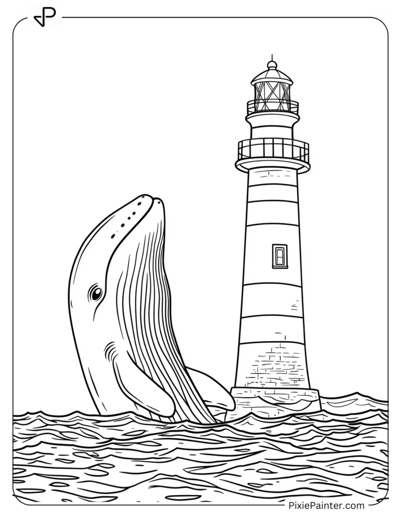 A Whale Peeking Above The Ocean’s Surface Near A Lighthouse