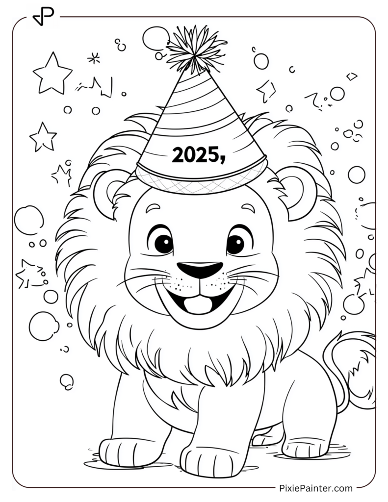 A Playful Lion in a Party Hat Labeled 2025