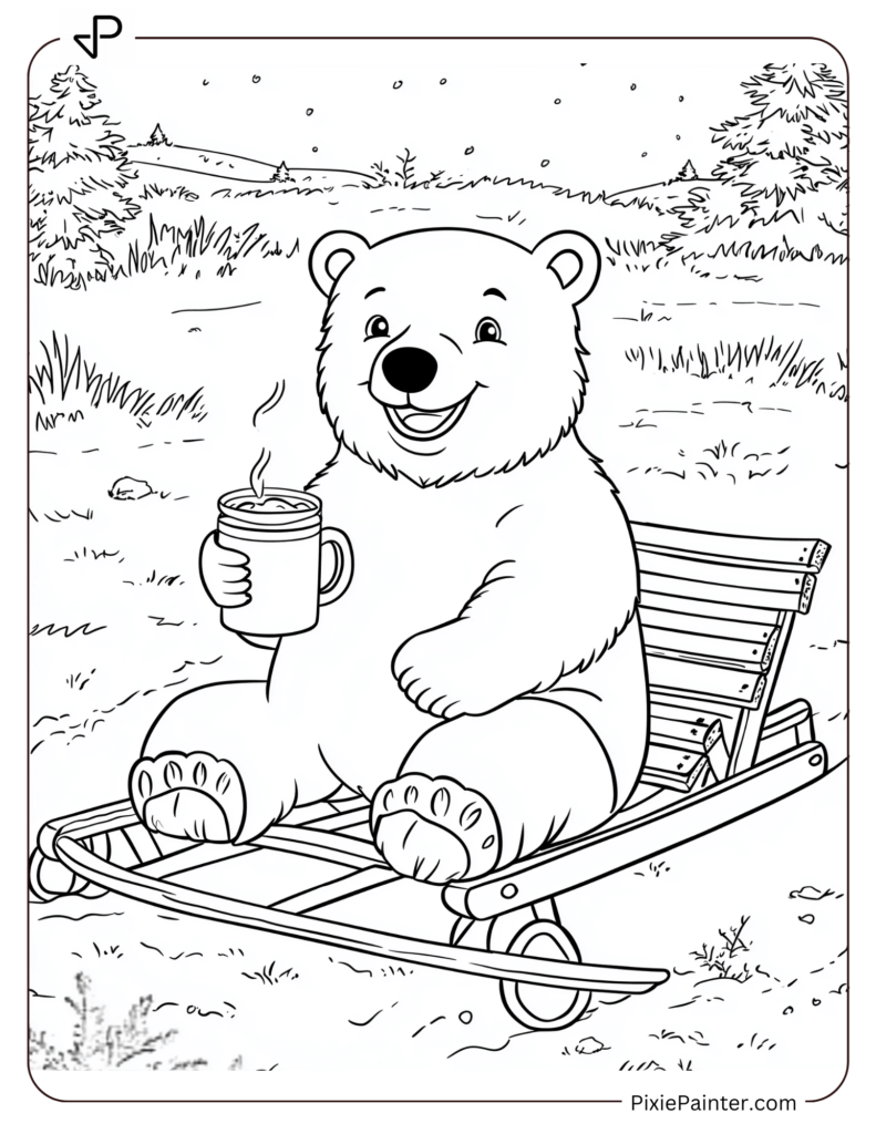 A smiling polar bear holding a mug of hot cocoa, sitting on a sled in a snowy field