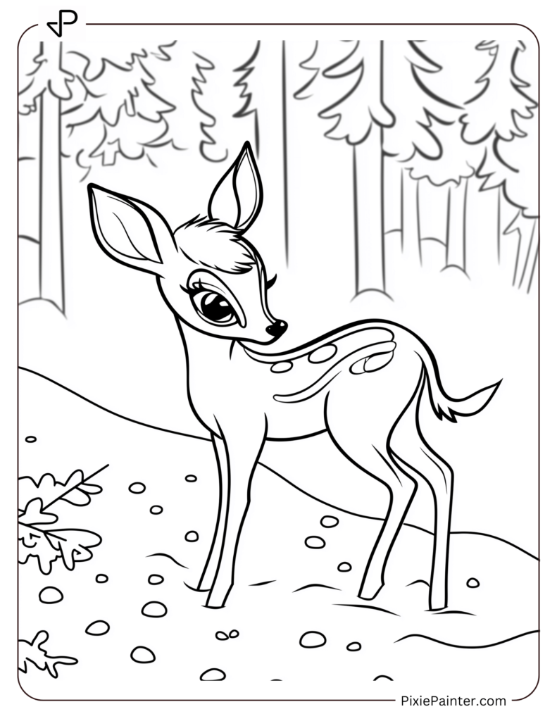 Bambi Standing Gracefully In A Quiet Snowy Forest