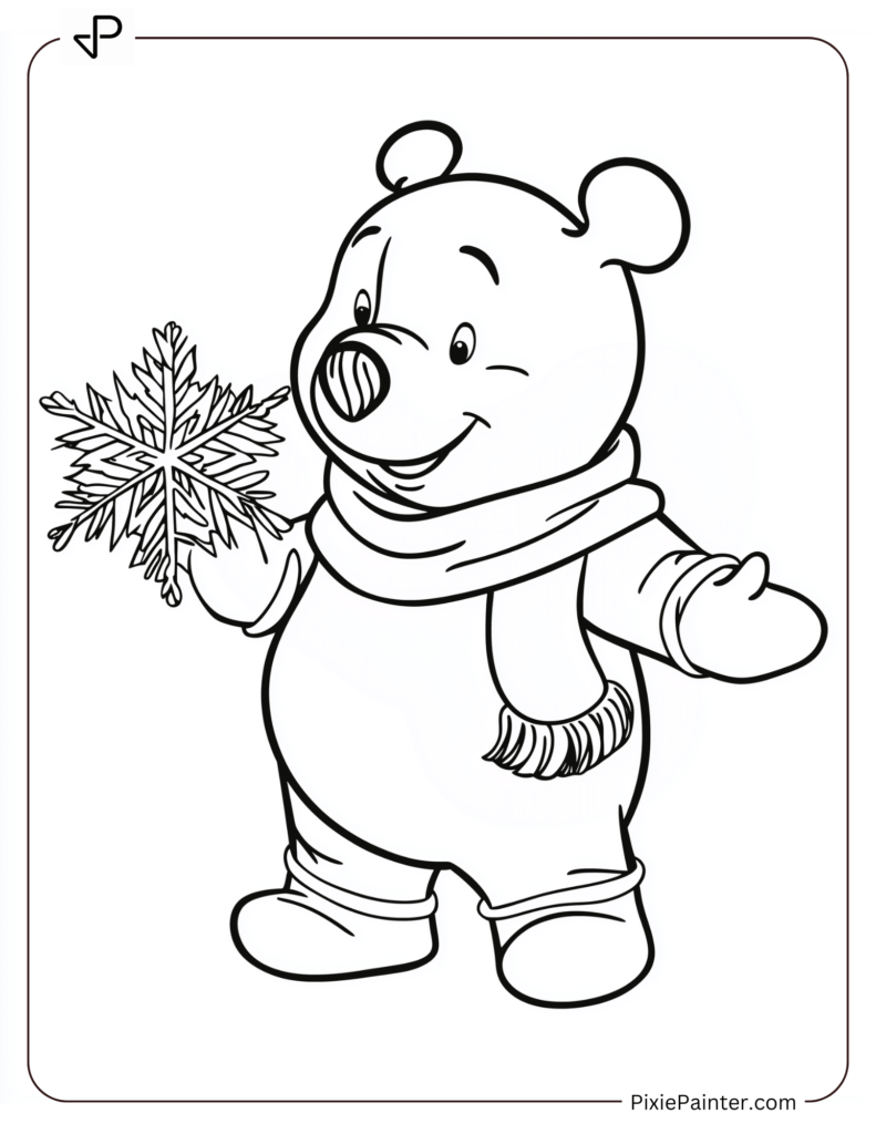 Christmas-Themed Winnie the Pooh with a Red Scarf and Snowflake