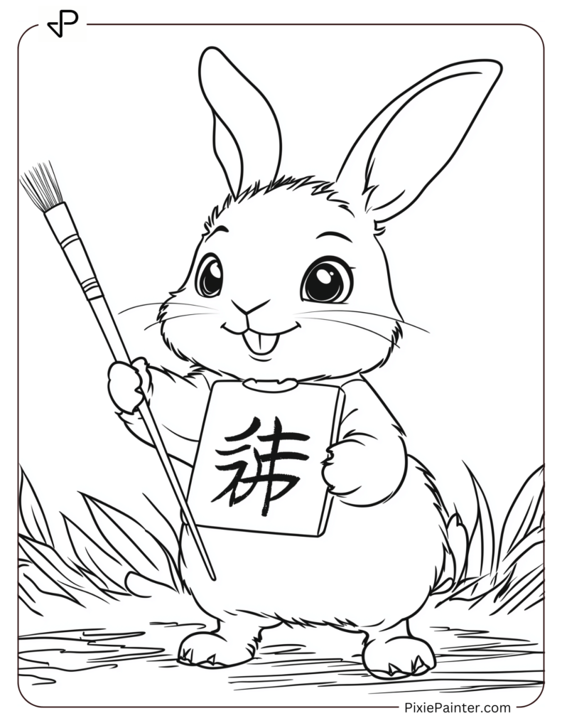 Lunar New Year Coloring Page of A Rabbit Painting a Chinese Character With a Brush